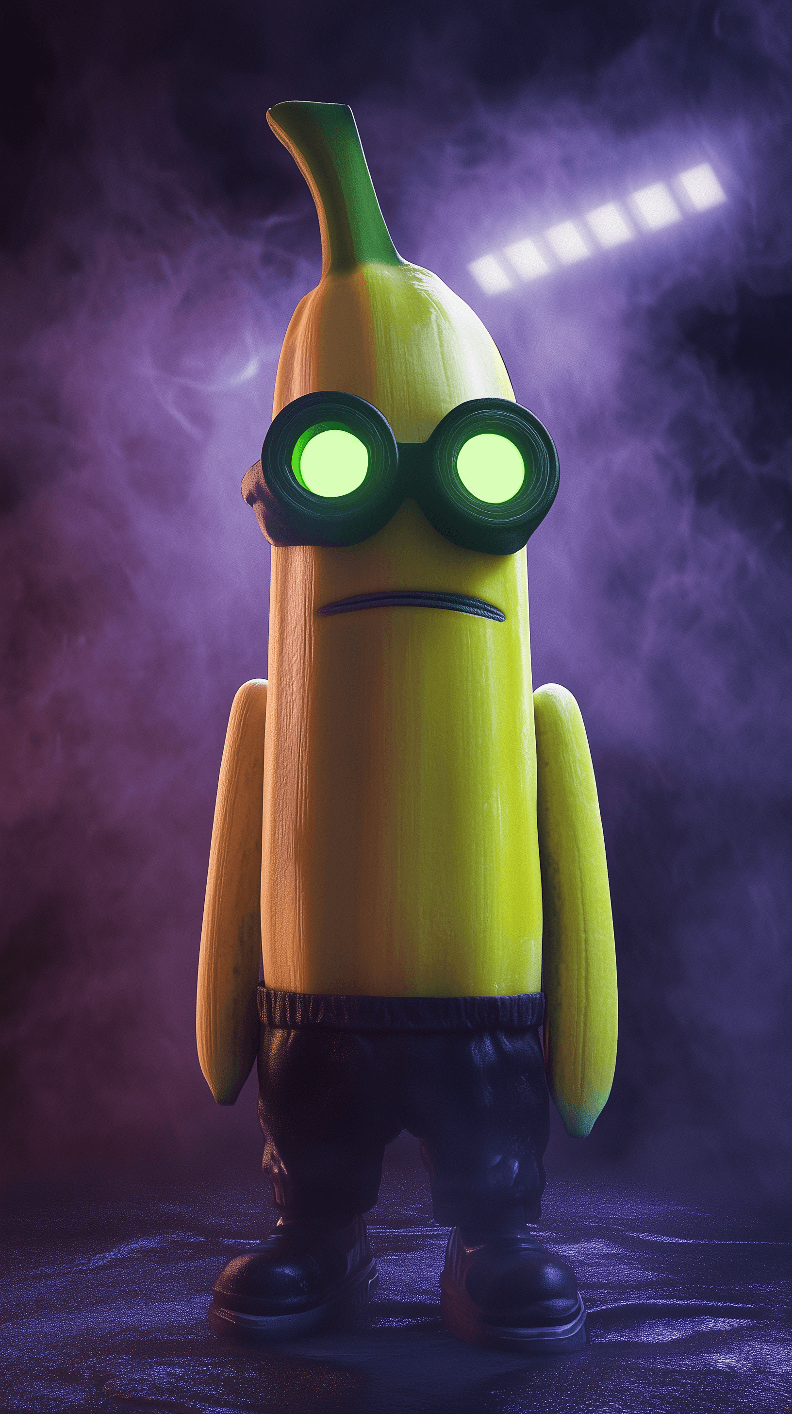 AI generated: rendering, character design, inspired by banana, creepy, dark purple atmosphere, fog --ar 9:16 --sty...