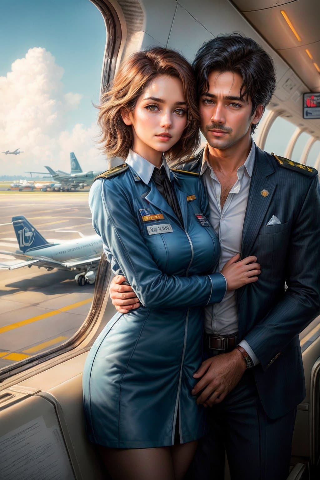 AI generated: action packed, Masterpiece, best quality, (Funny man| pilot of a civil aircraft stands in an embrace...