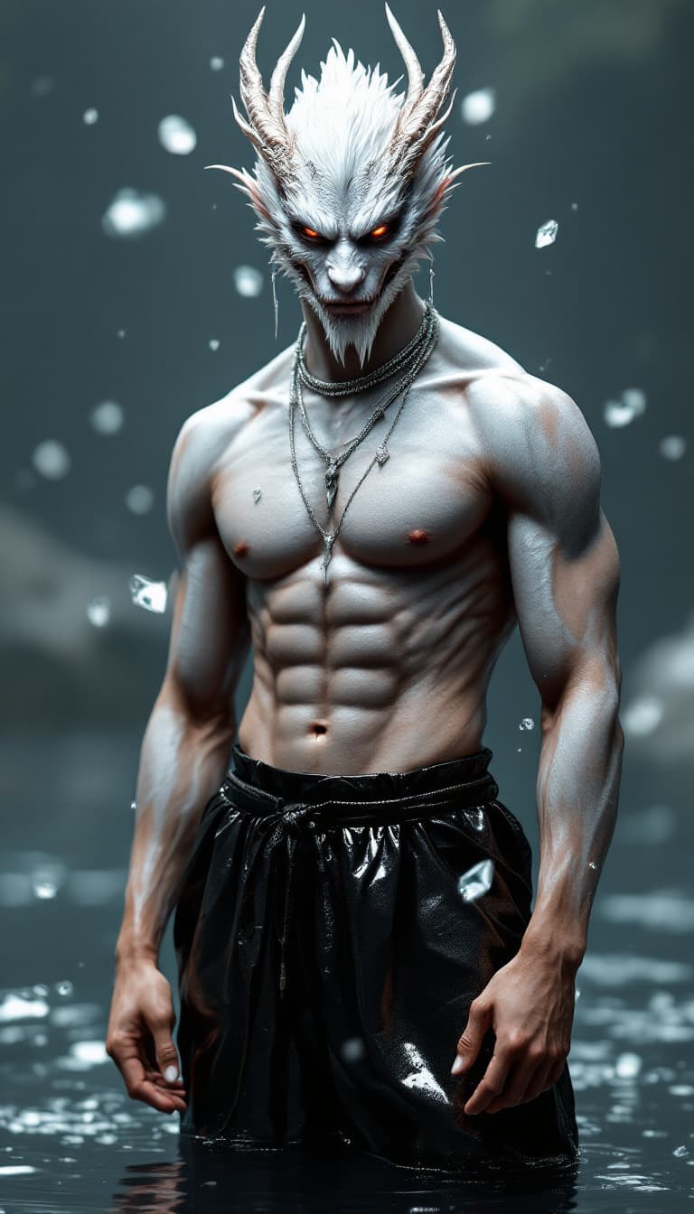 AI generated: A male model full body with white dragon 3d dragon face paint and silver necklaces in a metallic bla...