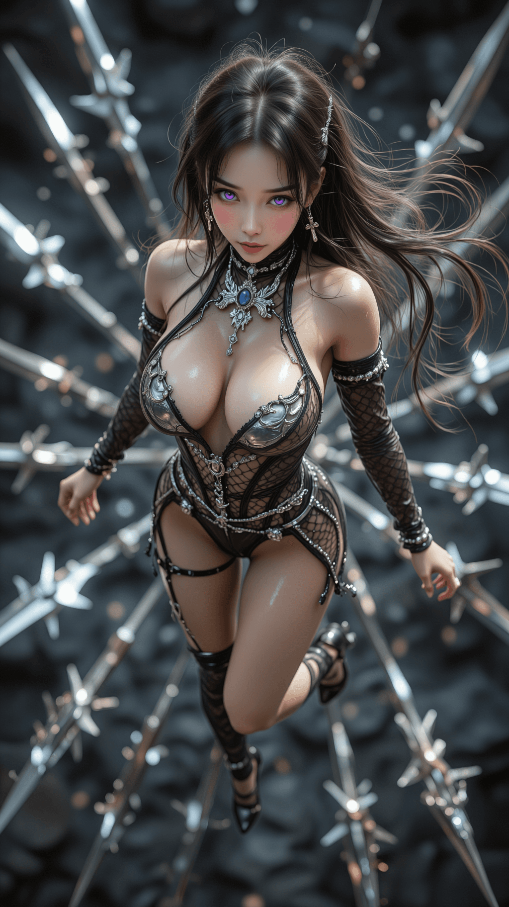 AI generated: A high-angle, full-body anime illustration of a beautiful sorceress hovering in mid-air. The perspec...