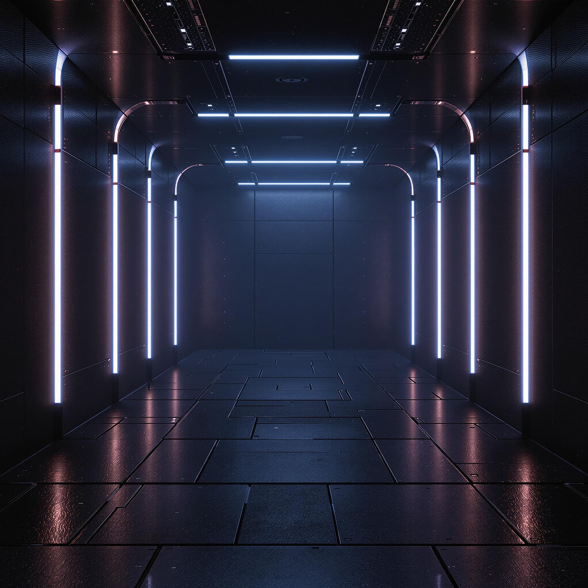 AI generated: a realistic futuristic dark abstract background with led lights on the walls, dramatic light, cinema...