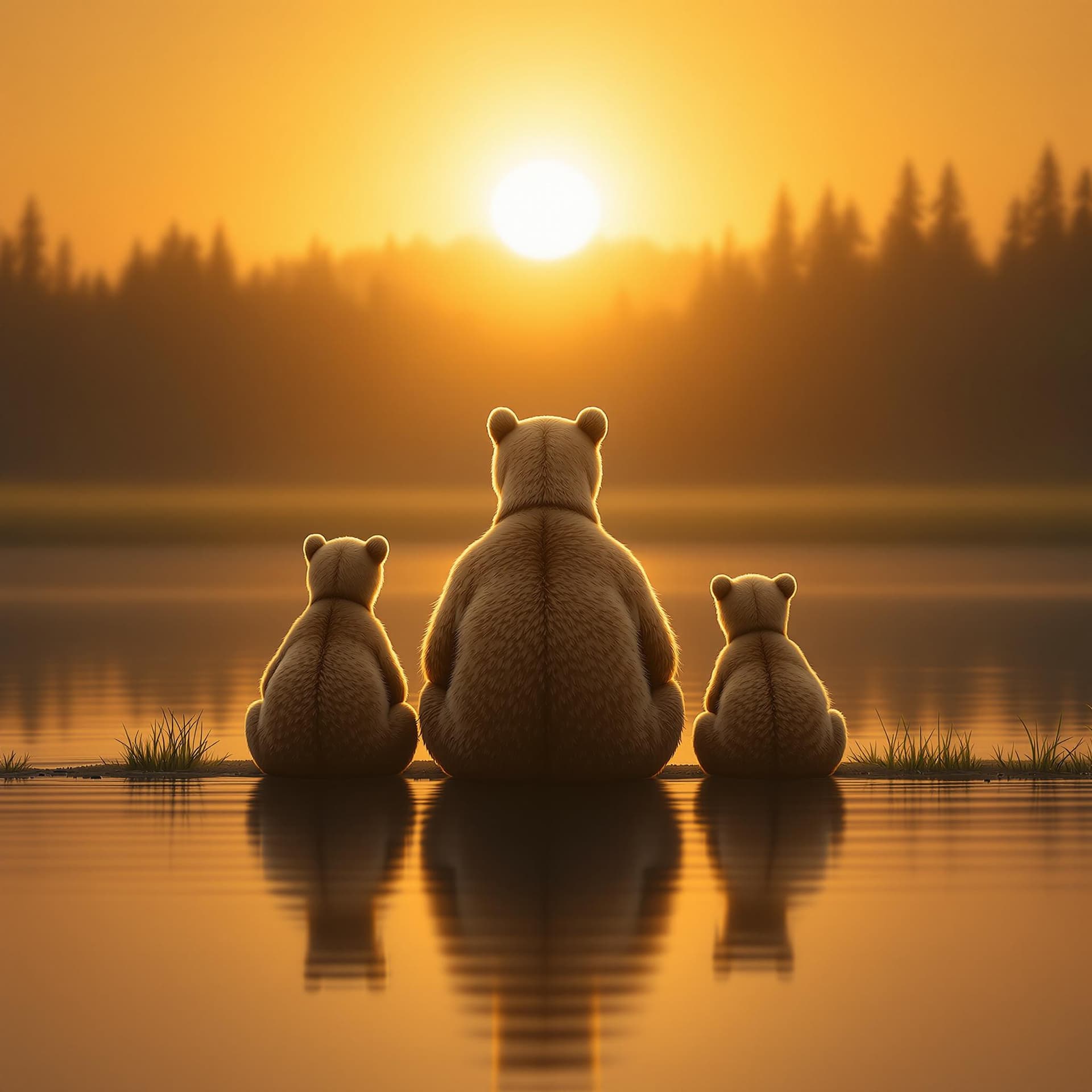 AI generated: This serene image depicts a family of brown bears at the edge of a tranquil body of water during wha...