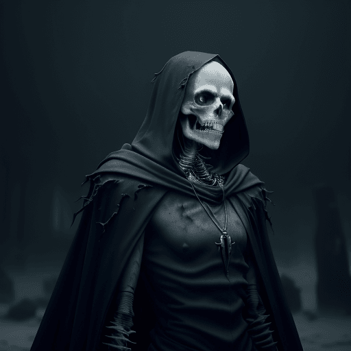 AI generated: An undead vampire with a skeletal appearance, wearing a torn black cloak and a red amulet. An ultra-...