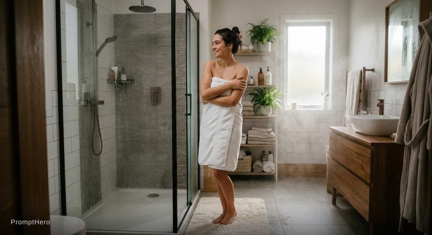 AI generated: Bath shower in towel

