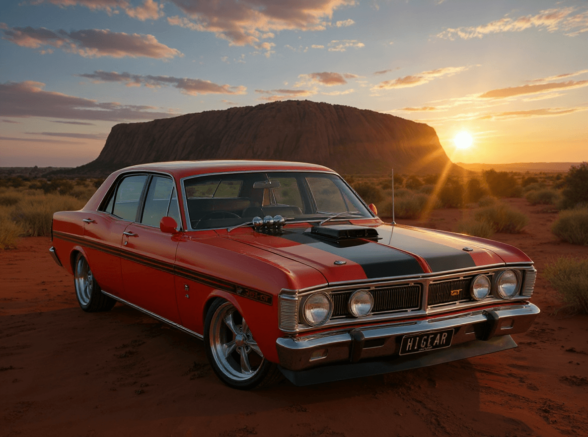 AI generated: Ultra-realistic photograph Stuart Highway, desert road, at sunrise. The iconic Australian car is pol...