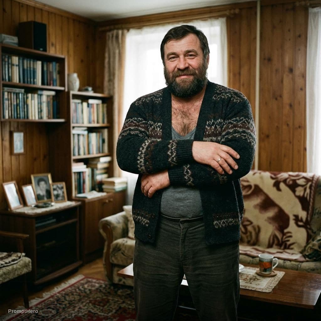 AI generated: Strong hairy Russian daddy show off dick
