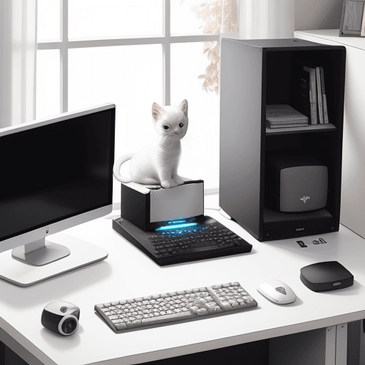 AI generated: computer desk setup with cute white kitten with 'ACTURIS' text cap