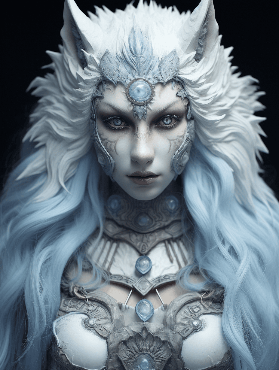 AI generated: female wolf character portrait with long hair and a large eye, in the style of sculptural costumes, ...