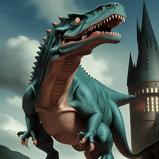 AI generated: Harry potter montado en el lomo de un dinosaurio trex