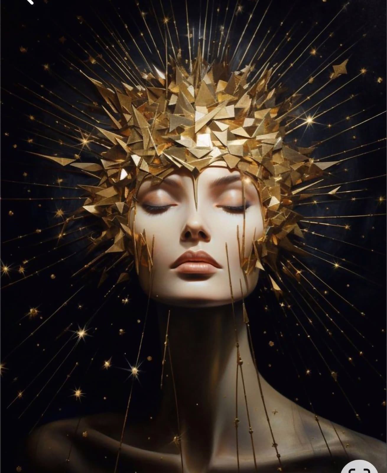AI generated: Golden crown, female character, goddess, golden detailed dress, blue-eyed, elegant, mystical, fantas...