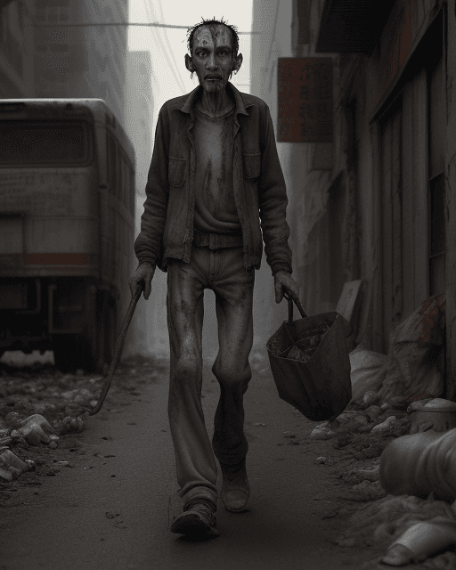 AI generated: A thin man in his fifties works as a journalist and is poor. He lives in a city abundant with filth ...
