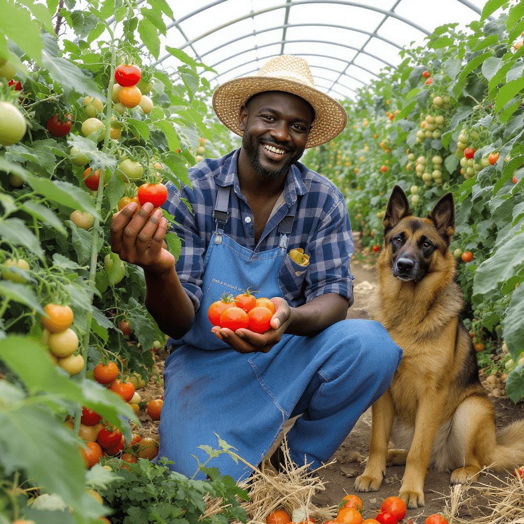 AI generated: A kenyan farmer with a handful of tomatoes harvesting tomatoes in his tomato greenhouse with is germ...