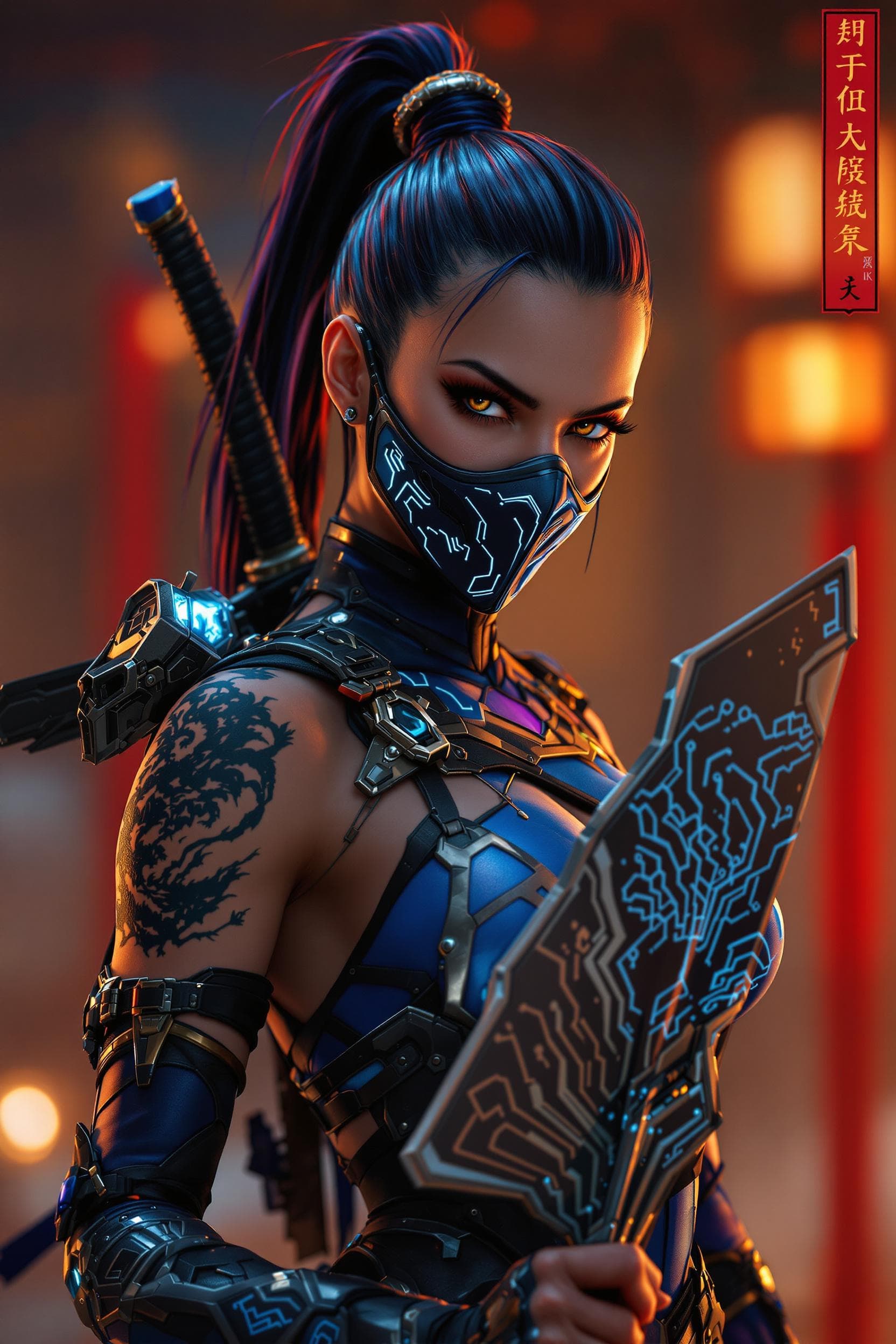 AI generated: Ultra-realistic cyberpunk Kitana, Mortal Kombat character, in an intricate blue warrior suit with pu...