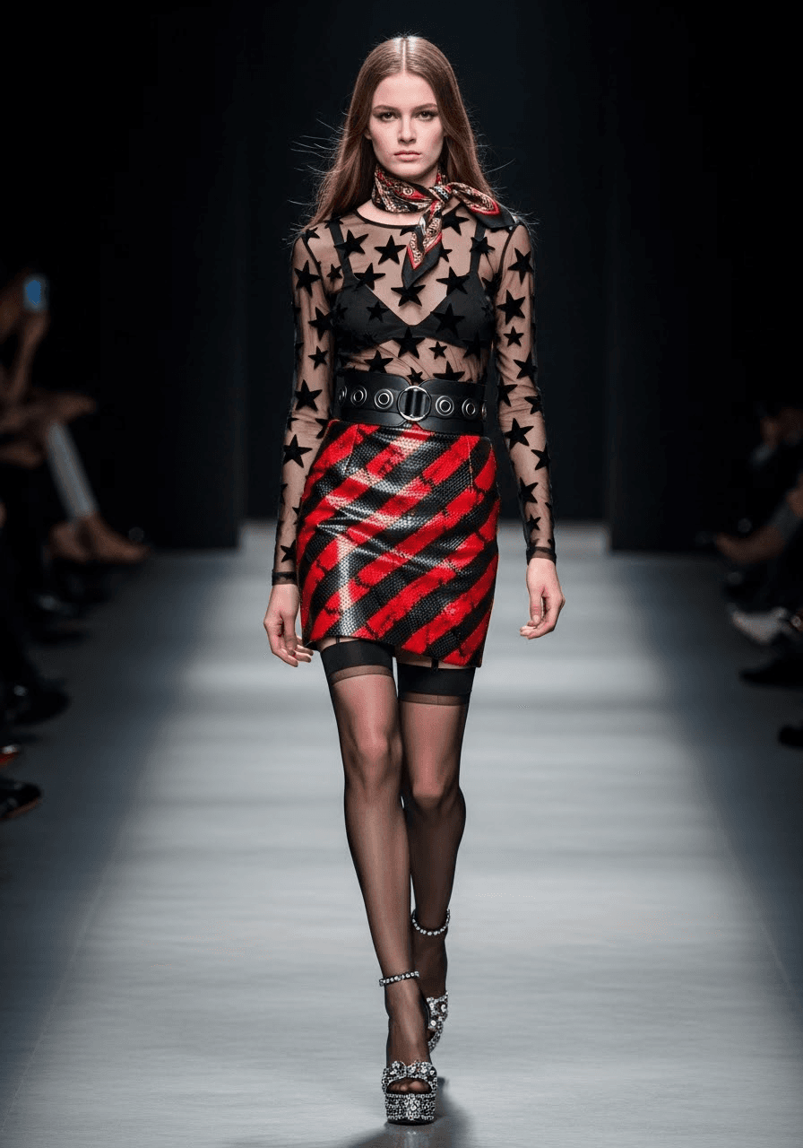 AI generated: A fashion model with long light brown hair walks confidently down a runway. She wears a sheer black ...