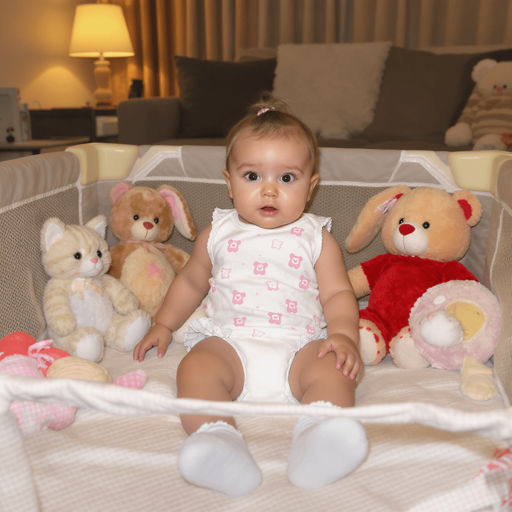 AI generated: Sabrina Carpenter lying down in a baby play pen wearing a white diaper with pink teddy bear motifs. ...