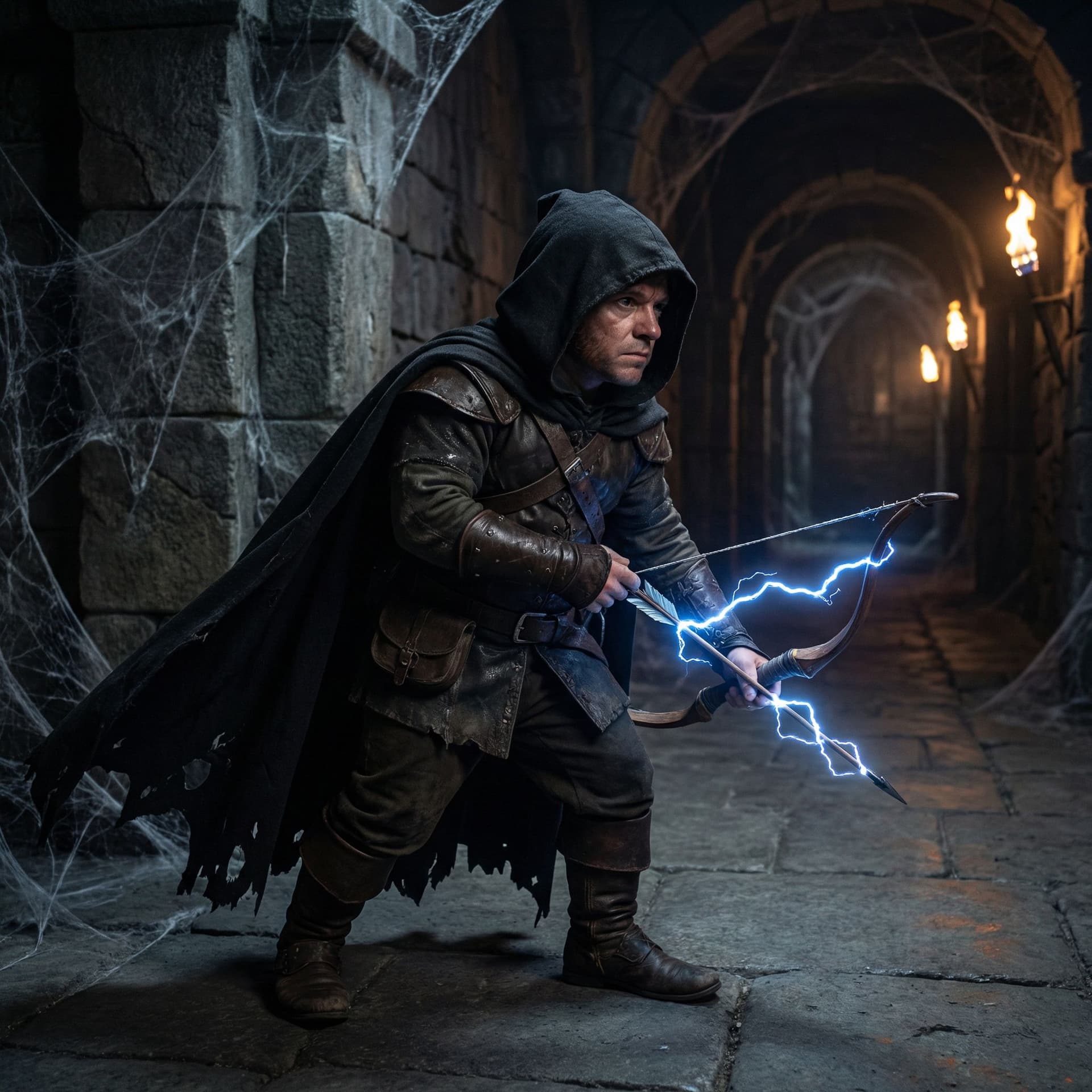 AI generated: Halfling male dressed in a black hooded cloak and dark leather armor, wielding an electricifed short...