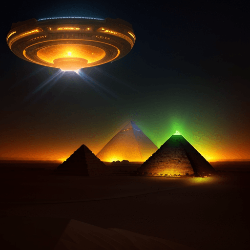 AI generated: "A highly realistic scene of alien spacecraft hovering above the Egyptian pyramids during a dramatic...