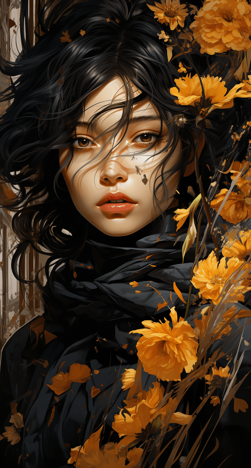 AI generated: a painting of a girl with flowers covering her face, in the style of epic fantasy scenes, anime-insp...