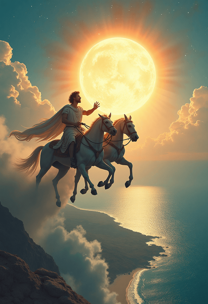 AI generated: Apollo, god of the sun, rides his chariot across the sky at mid-day over a Greek island landscape. T...