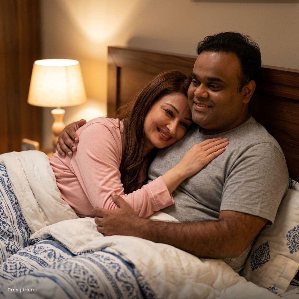 AI generated: Couples cuddle in bed