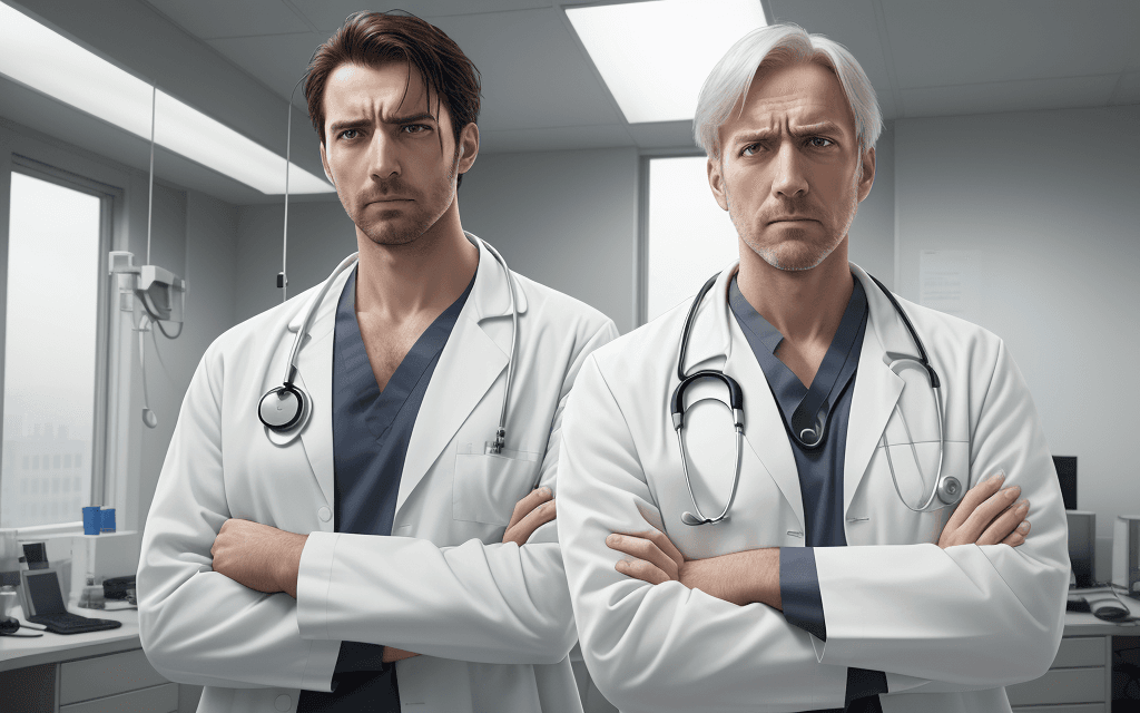 AI generated: Photo of an unhappy man in a white lab coat, with a stethoscope around his neck, arms folded across ...