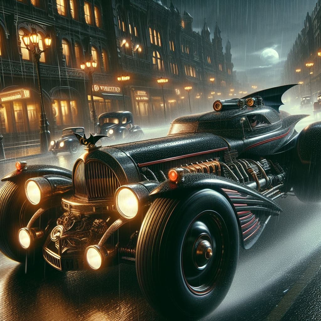 AI generated: Old fashioned 1935 Batmobile in the style of Streamline Moderne and dieselpunk, speeding through Got...