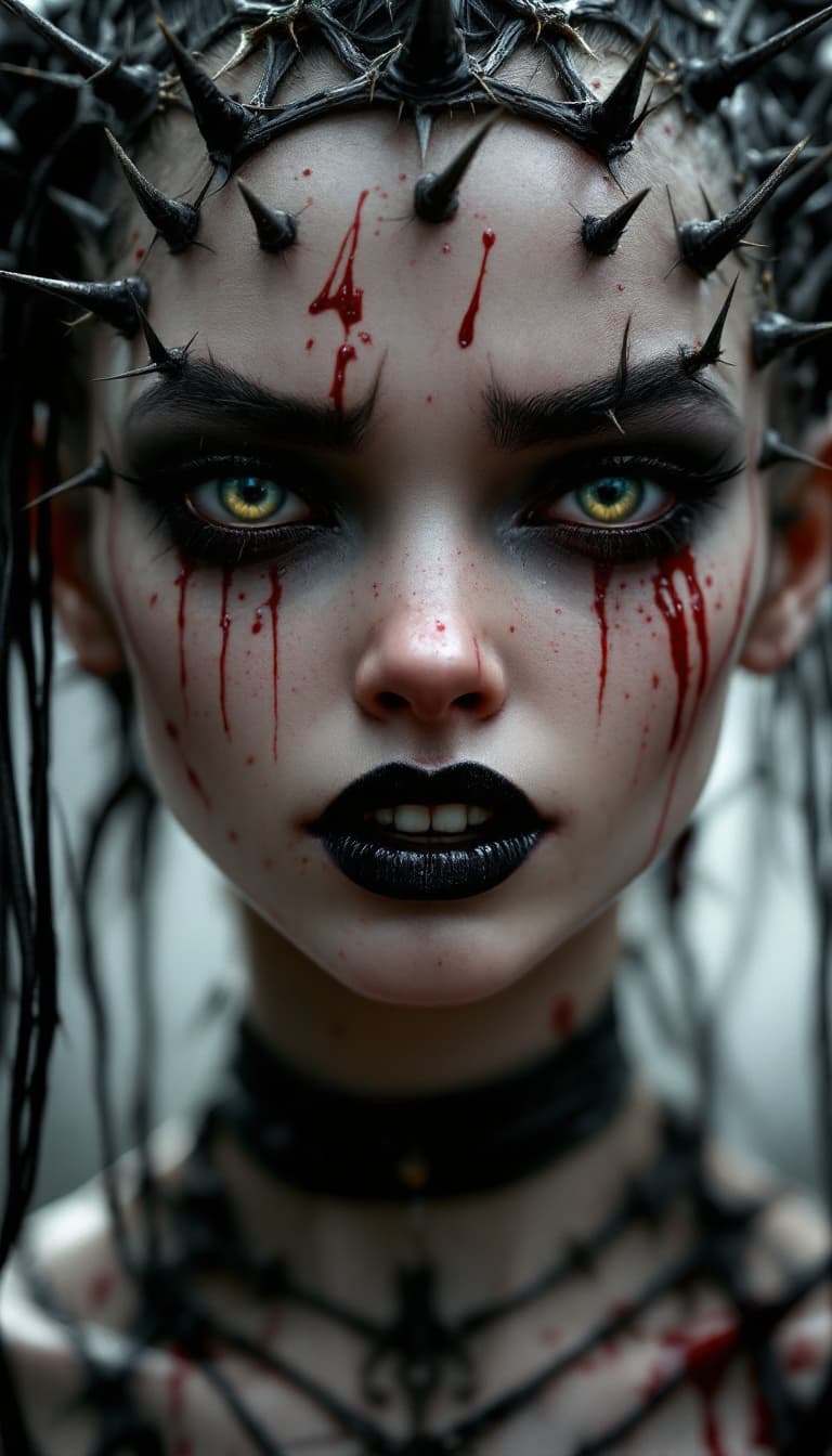 AI generated: 3d model, a beautiful skinny furious goth girl with a crown of thorns, more spikes puncturing her sk...
