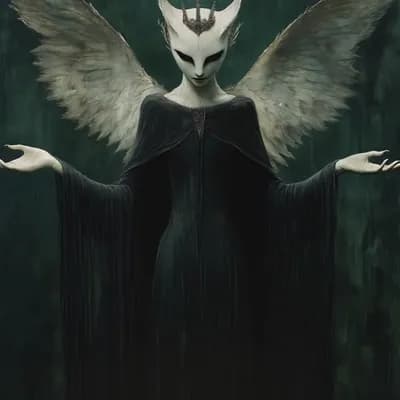 AI generated video: an anthropomorphic creature with long white wings raises it's arms up and looks at the camera as the...