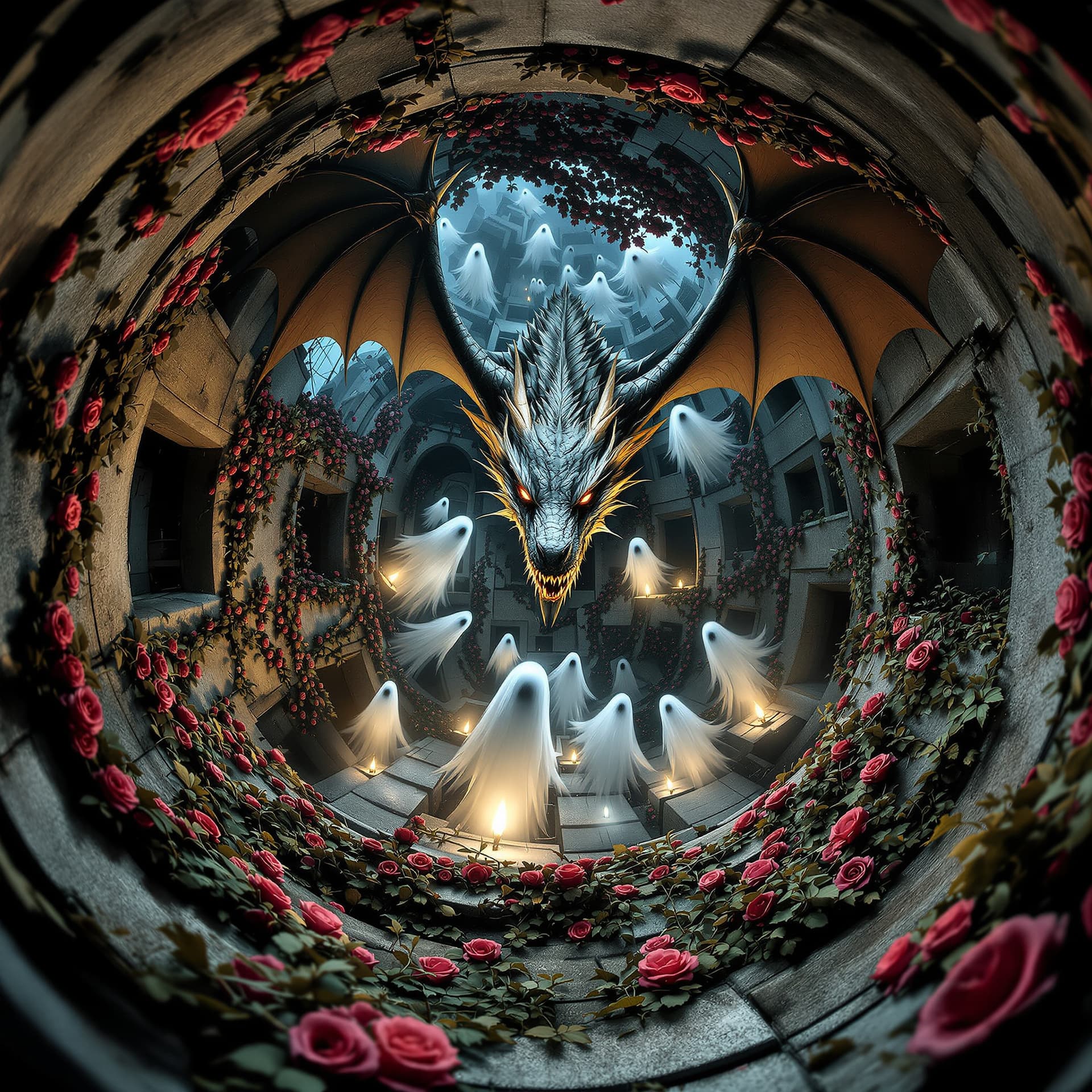 AI generated: Fisheye lens  aerial perspective perspective looking down from a birds eye view onto a dragon in fli...