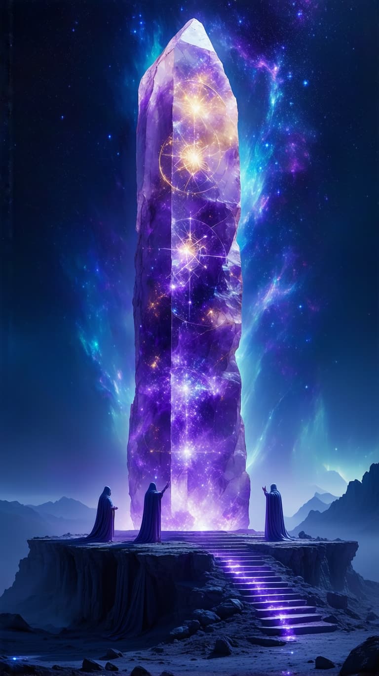 AI generated: Three celestial artisans, clad in robes woven from gilded nebulae, carve a grand, floating temple fr...