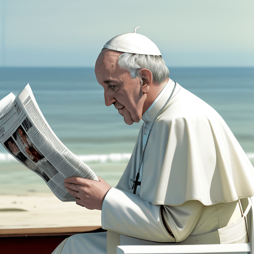 AI generated: medium-full shot of pope francis reading newspaper, on the beach, natural afternoon light, shot on A...