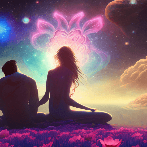 AI generated: A woman and men in sad pose in a cosmic place to loneliness on 12 petals heart chakra stellar medita...