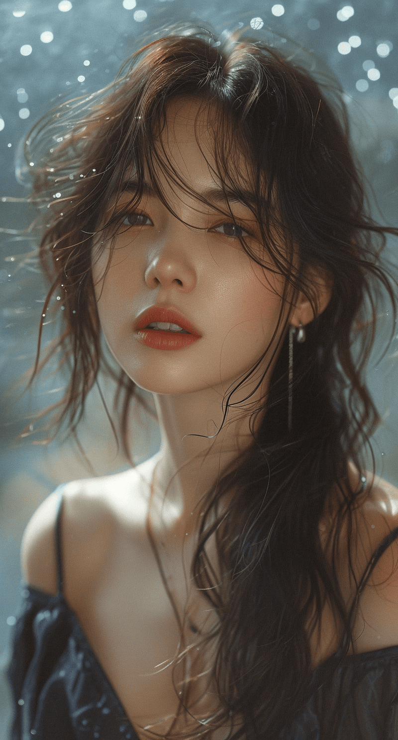 AI generated: a beautiful Asian woman with her hair blowing, in the style of snapshot aesthetic, hyper-realistic p...