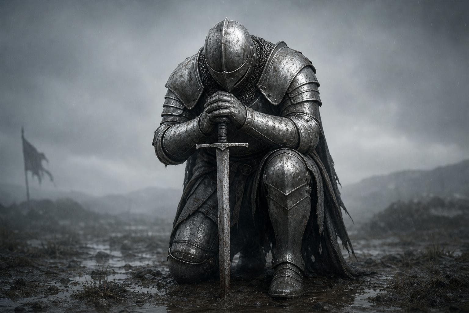 AI generated: Create an image of a large and powerful knight kneeling on his right knee and stabbing his sword int...