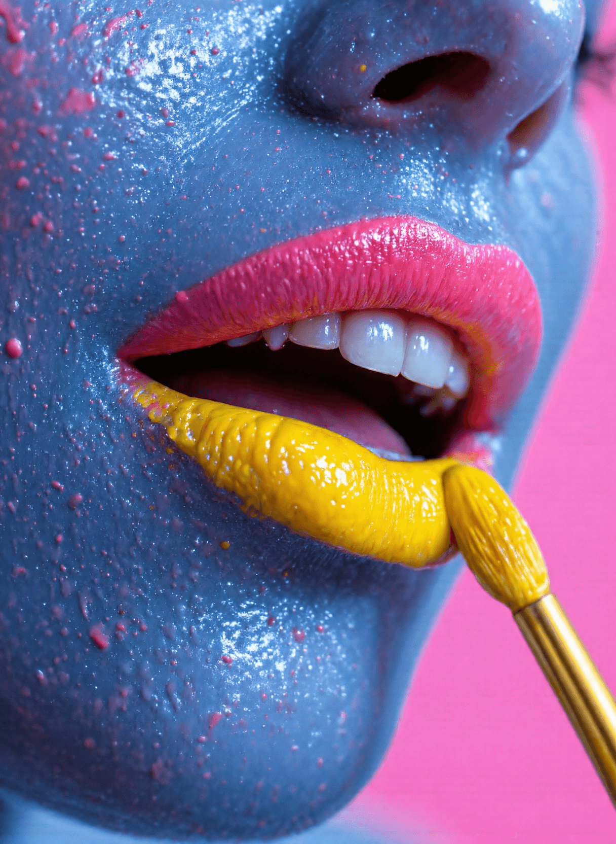 AI generated: The image depicts a close-up view of lips being painted with vibrant yellow paint. The lips are slig...