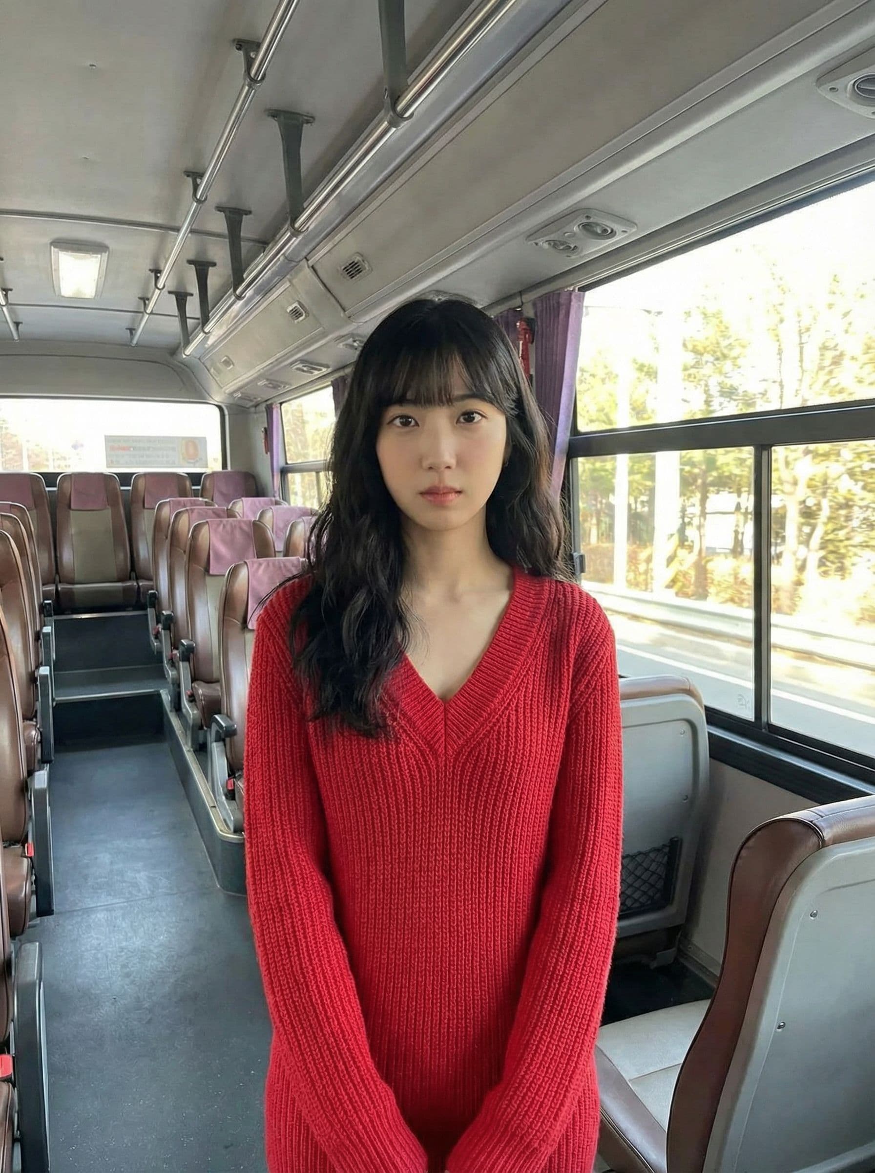 AI generated: Sole girl, front facing, knee shot, whole body, keep face,
Slender girl, wavy hair,
red plunging swe...