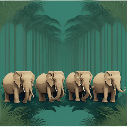 AI generated: Rectangular painting depicting seven elephants with trunks raised upwards, walking in a row through ...
