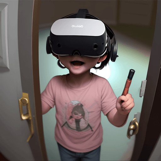 AI generated: Child in virtual reality greeted at the door being shot with buckshot. Gun barrel pointed at the chi...
