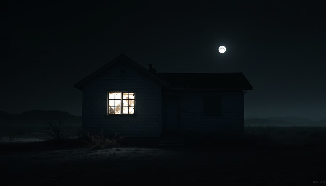 AI generated: A lone, abandoned house in the desert at night with light from an open window shining on its exterio...