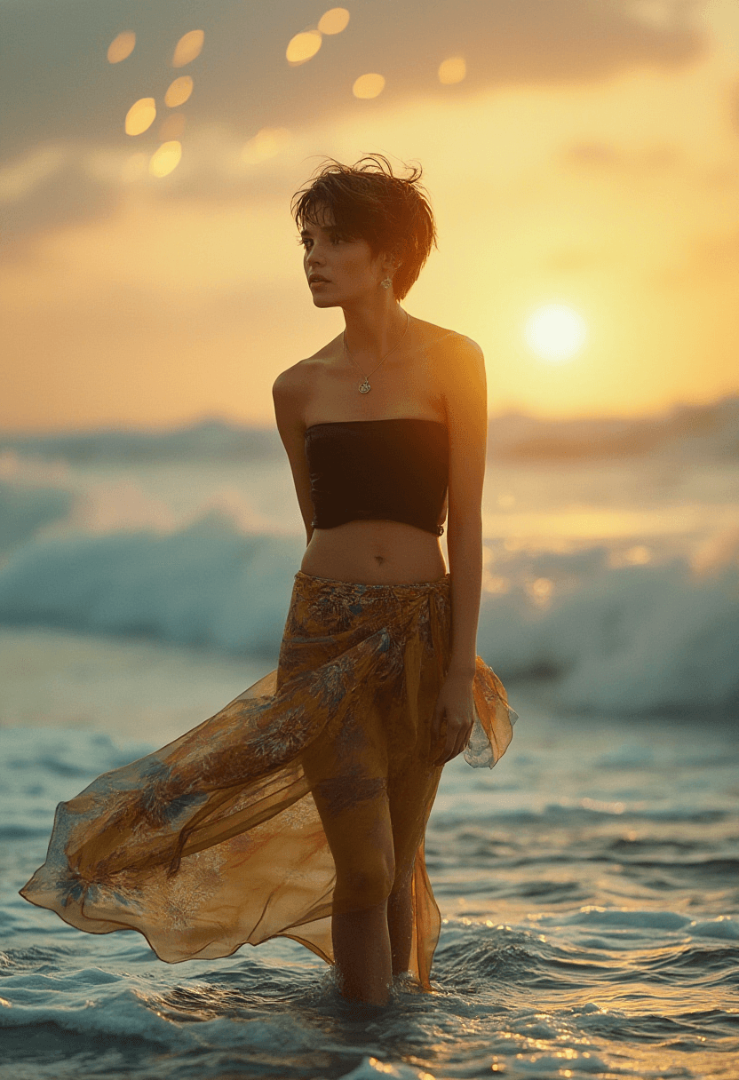 AI generated: A photorealistic, full-body portrait of an adult woman standing in shallow ocean water at sunset, ca...