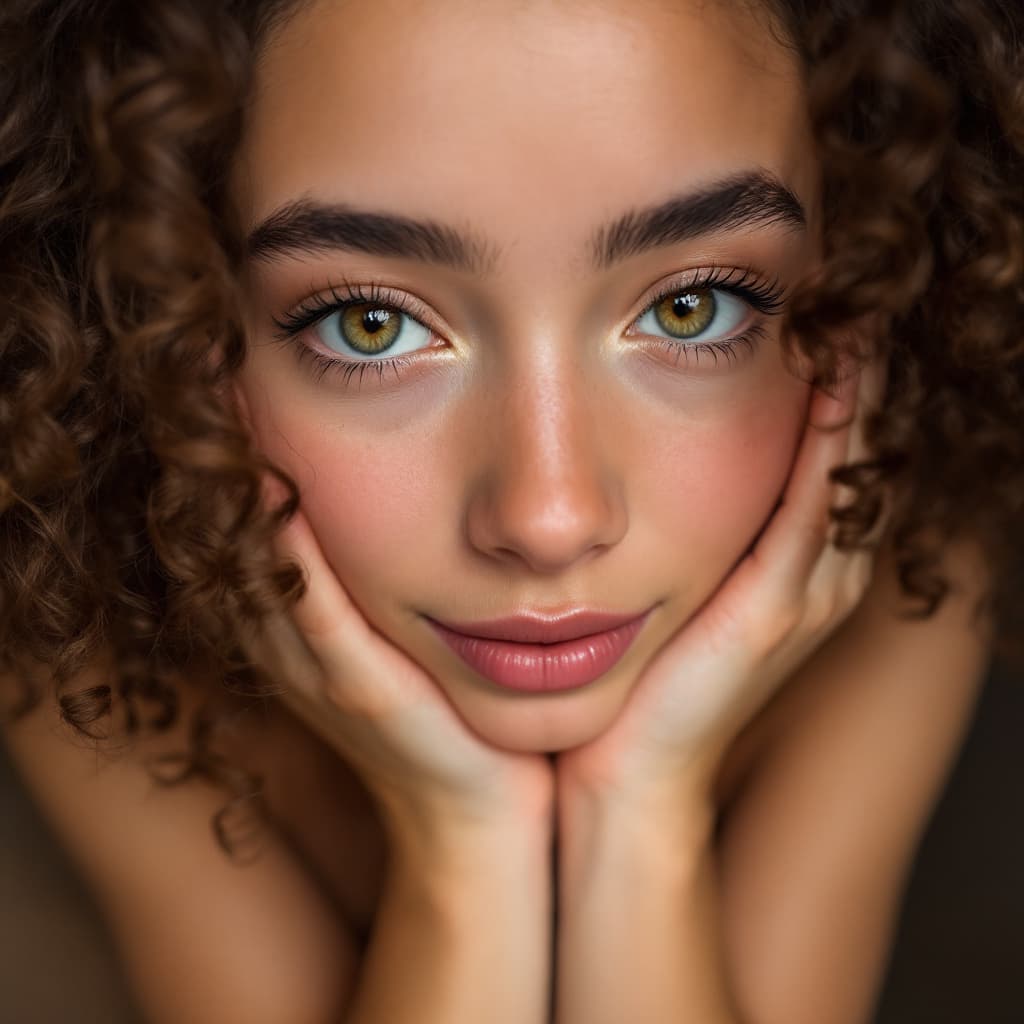 AI generated: 18 years curly girl shaved armpits close up, both arms up, detailed armpits tanned skin,focal point ...