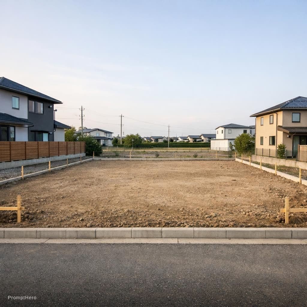AI generated: An empty residential land plot prepared for construction, flat ground, minimal surroundings, modern ...