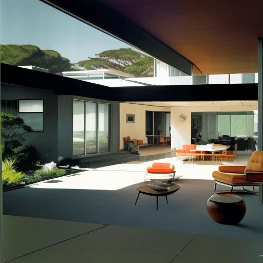 AI generated: Hyper realistic eye level exterior photo of a mid century modern style house overlooking the ocean, ...