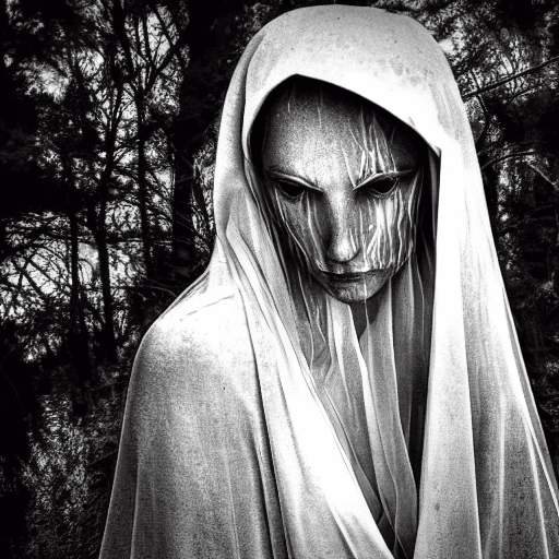 AI generated: Make an image of the mythical figure of Mary, the weeping woman, outside a cemetery at night. There ...