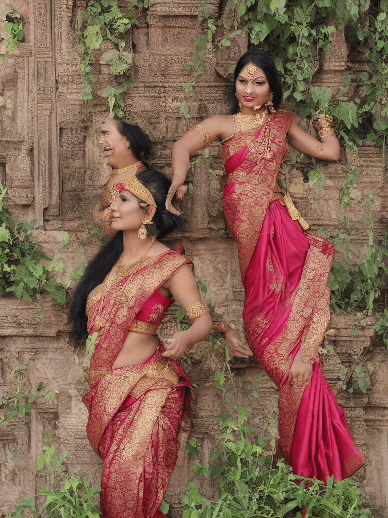 AI generated: gorgeous female dressed as apsara wearing saree, in an Indian castle terrace with flowering plants, ...