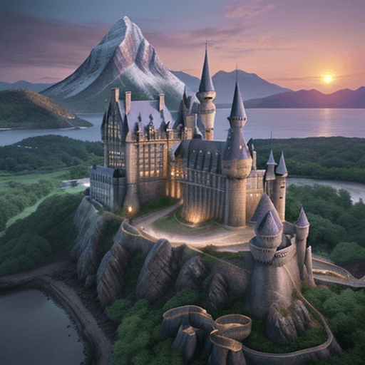 AI generated: A castle in Hogwarts style, with purple cone shaped roofs, with mountains on the background on the l...