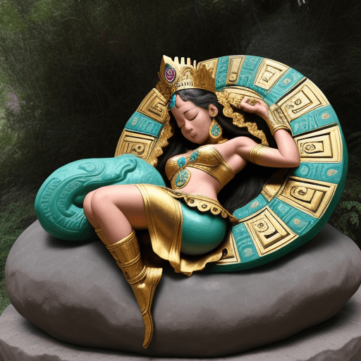 AI generated: princesa azteca hermosa durmiendo con cuerpo hacia arriba sobre piedras