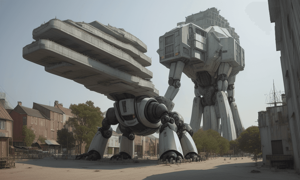 AI generated: town ship poor architecture environnement / with giant insect and dynosaure/ poor population, wide a...