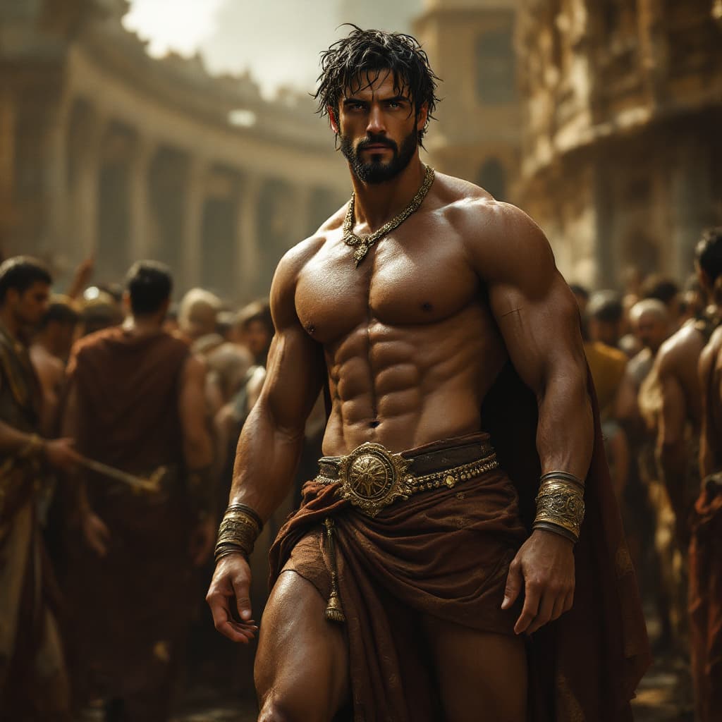 AI generated: Ultra wide angle - Pull the camera far away from the subject, ANCIENT ROME, he has long legs, muscul...