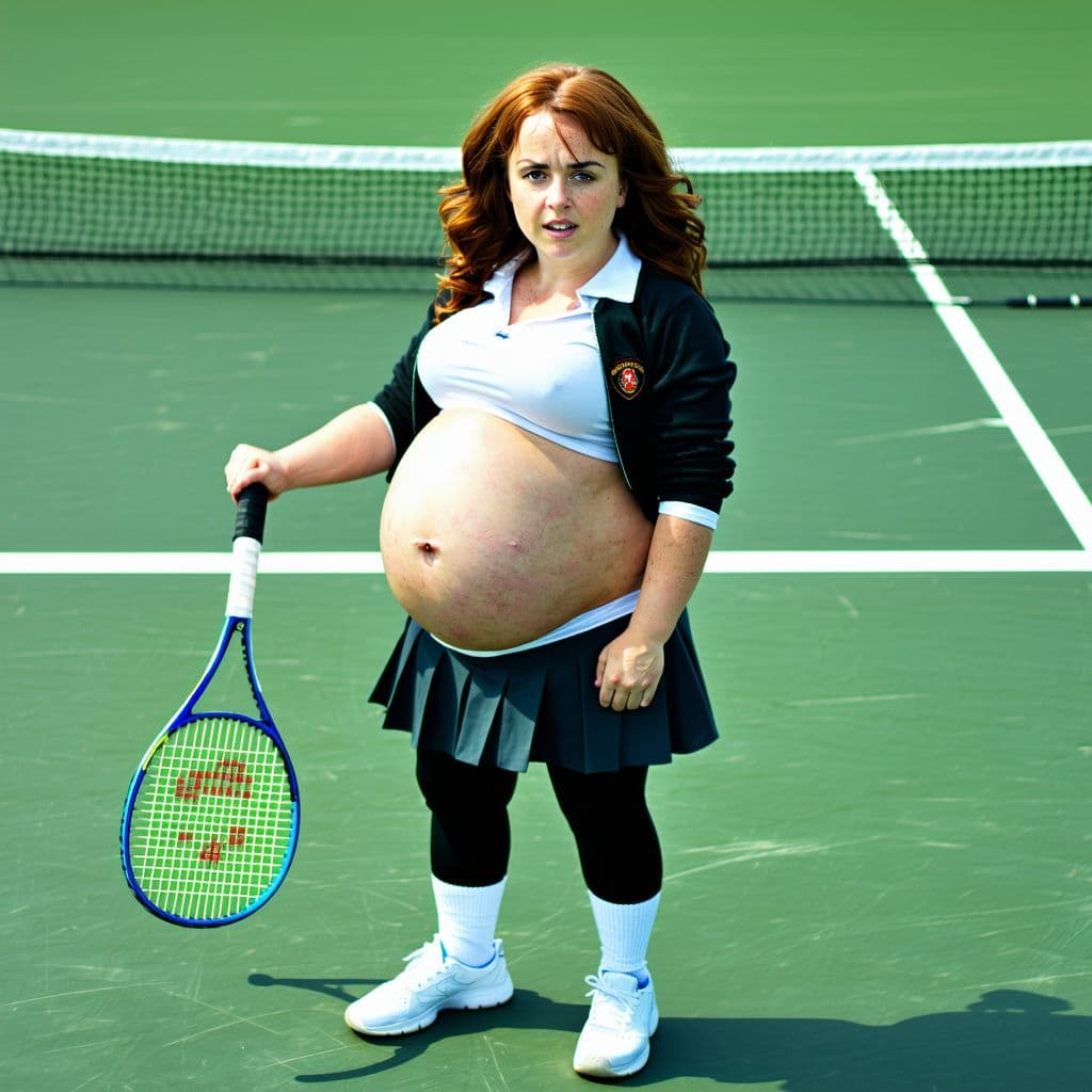 AI generated: Hermione Granger very very hugely hyperpregnant, enormous breasts, playing tennis